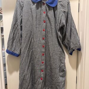 Checkered Dress with Blue Collar and Red Buttons